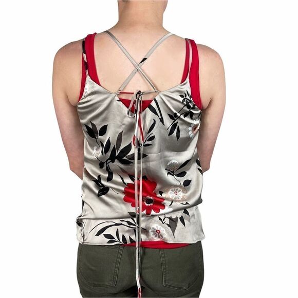 Loft Gray Floral Silk Spaghetti Strap Top - Picture 3 of 6